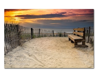 Bethany Beach Sunrise, Sand Dune Path, Ocean Surf, Wood Bench, Warm Orange Sunlight, Sun Rays, wall art