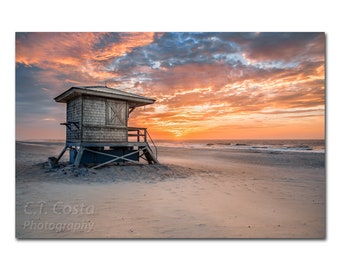 Beach Shack, Limited Edition Photography Print, Sunrise Sunset Seascape Art, Assateague Island, Ocean Theme Decor, Warm Tones