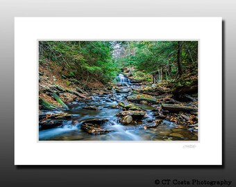 Rustic Mountain Creek Matted Print ready for a 5x7 inch Frame, Green, Brown, Cubicle decor