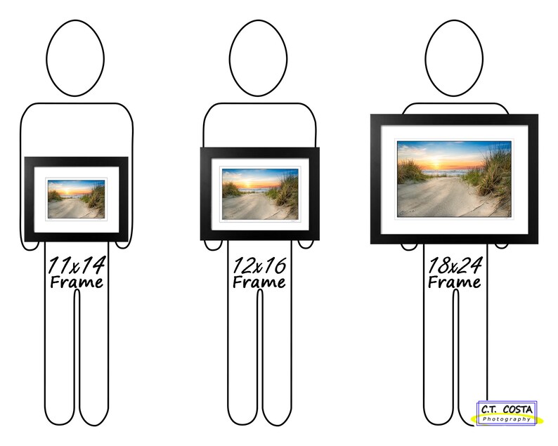 May include: Three black picture frames of different sizes, each holding a photograph of a beach scene with a sunset. The frames are held by three people, each standing in front of a white background. The frames are labeled with their dimensions: 11x14, 12x16, and 18x24.