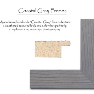 May include: A close-up of a gray wood picture frame with a weathered, textured look. The frame is made of wood and has a light gray finish. The frame is shown in a corner view, with the top and right sides visible. The frame is called "Coastal Gray" and is handmade.