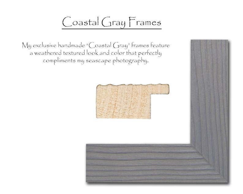 May include: A close-up of a gray wood picture frame with a weathered, textured look. The frame is made of wood and has a light gray finish. The frame is shown in a corner view, with the top and right sides visible. The frame is called "Coastal Gray" and is handmade.