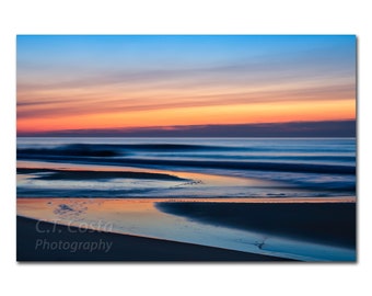 Abstract Sunrise, Beach Ocean Waves Photography, Blue, Orange, Beach Cottage Decor, Ocean City Maryland