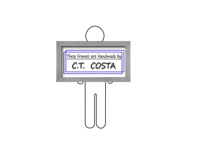 May include: A simple line drawing of a person holding a sign that says "These Frames are Handmade by C.T. COSTA".