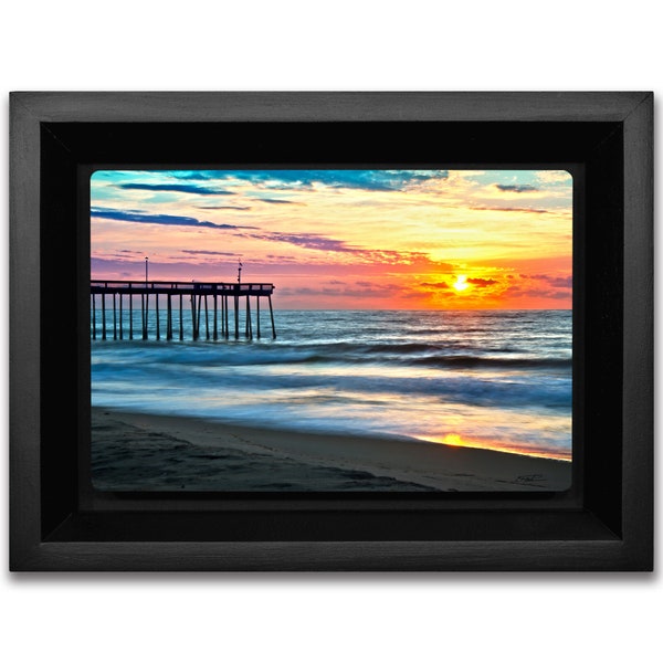 Ocean Sunrise Metal Print, Fishing Pier Photo, Sand and Surf Art, Office Desk Decor, Table Art, Handmade Wood Frame, Ready to Hang