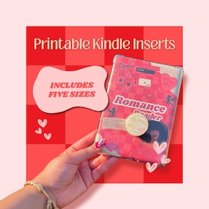 May include: Printable Kindle inserts with a pink and red theme. The cover features the text "Romance Reader" and includes five sizes. The design includes hearts, cherubs, and playing cards. The background is a red and pink checkered pattern.