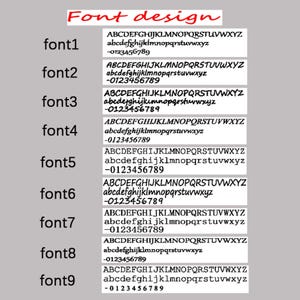 May include: An image displaying nine font designs, each featuring uppercase and lowercase letters, and numbers. The title "Font design" is in red cursive script. Each font is numbered, ranging from font1 to font9.