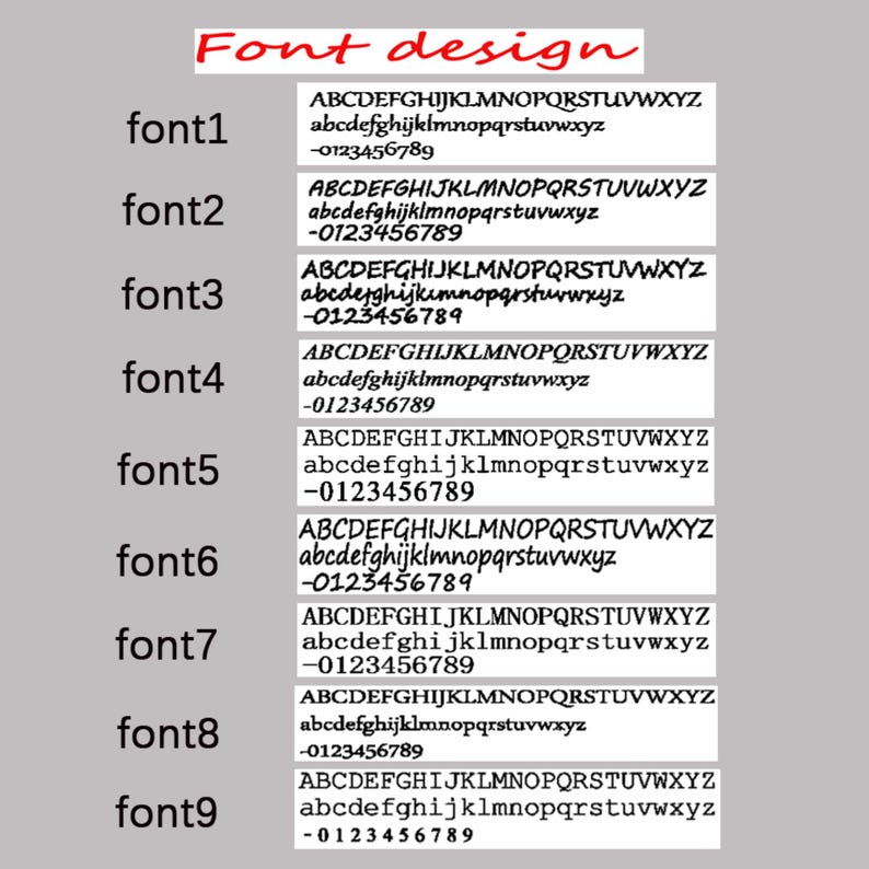 May include: A graphic showcasing nine different font styles, each with uppercase and lowercase alphabets, and numbers. The title "Font design" is in a cursive red font. Each font is labeled with a number, from font1 to font9.