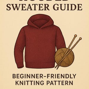 Może przedstawiać: Ilustracja czerwonej bluzy z kapturem z kulą przędzy i drutami do robienia na drutach. Tekst brzmi "VINTAGE HOODED SWEATER GUIDE" i "BEGINNER-FRIENDLY KNITTING PATTERN" na beżowym tle. Przewodnik po robieniu na drutach.
