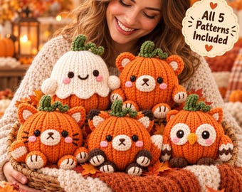 Pumpkin Plushies Bundle, 5 Knitting Patterns, Fall Halloween Toy PDF Set