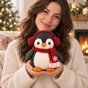 Può includere: Un peluche a forma di pinguino lavorato a maglia con corpo grigio scuro e bianco, becco arancione e piedi arancioni. Il pinguino indossa paraorecchie rosso brillante e una sciarpa rossa abbinata con un motivo a fiocco di neve bianco e frange.
