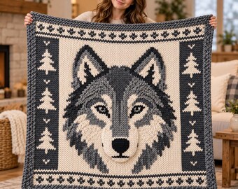 Nordic Wolf Knitting Pattern, Forest Blanket PDF, Colorwork Lap Blanket, Cabin Decor