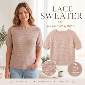 Op de afbeelding: Een lichtbruine kanten trui met korte mouwen. De afbeelding bevat de tekst "Lace Sweater" en "Premium Knitting Pattern". Extra tekst luidt "Beautiful", "Feminine" en "Timeless". Er is ook een PDF-downloadpictogram aanwezig.