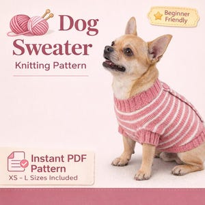 Stickmönster för hundtröja i PDF-format, handledning för liten husdjurskappa, stickad chihuahuaoutfit XS–L
