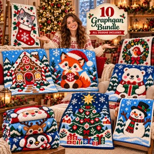 Può includere: Un set di 10 modelli all'uncinetto Graphgan a tema natalizio che include una casa di pan di zenzero, una volpe, un orso polare, un pupazzo di neve, un albero di Natale, un gattino in una calza, una renna e un pinguino.