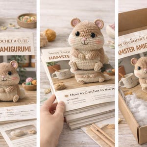 Op de afbeelding: Een gehaakte hamster amigurumi wordt getoond met een boek getiteld "How to Crochet a Cute Hamster Amigurumi". De hamster is lichtbruin met een witte buik en roze details. De afbeelding bevat garen, kleine kommen en een doos.