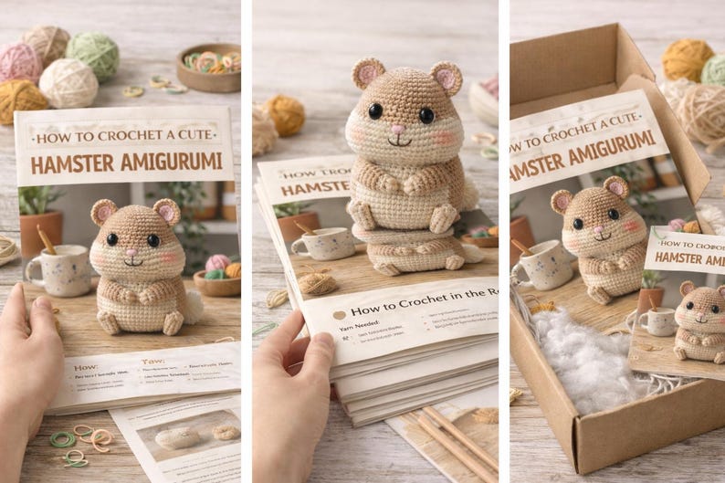 Op de afbeelding: Een gehaakte hamster amigurumi wordt getoond met een boek getiteld "How to Crochet a Cute Hamster Amigurumi". De hamster is lichtbruin met een witte buik en roze details. De afbeelding bevat garen, kleine kommen en een doos.