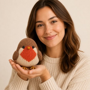 Könnte beinhalten: Ein kleines, rundes, handgestricktes Rotkehlchen-Plüschtier. Der Vogel hat einen braunen Kopf und braune Flügel, eine leuchtend orangefarbene Brust und einen cremefarbenen Bauch. Er hat zwei kleine schwarze Perlenaugen, einen winzigen gelben Schnabel und zwei kleine gelbe Füße.