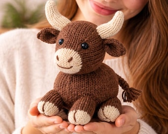 Knitted Bull Plush Pattern PDF, Farm Animal Toy Knit Tutorial