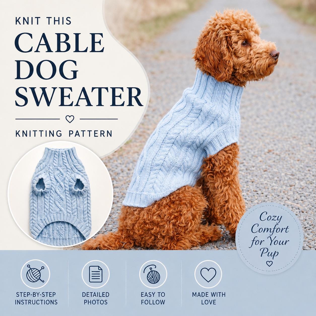 Cable Dog Sweater Knitting Pattern PDF, XS S M Sizes, Small Pet