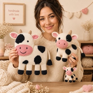May include: Three knitted cow figures in varying sizes, featuring cream-coloured bodies with black spots, pink muzzles, and small brown horns. The largest is a flat, two-dimensional shape, while the others are three-dimensional, with one being a keychain.