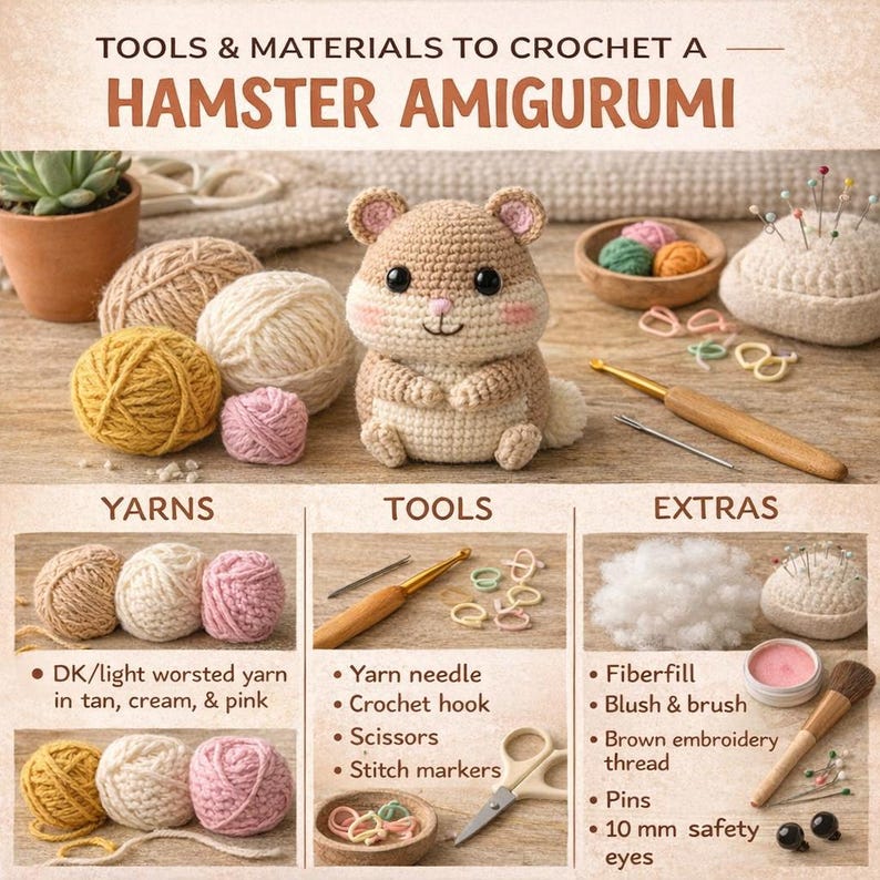 Op de afbeelding: Een haakpakket met de tekst "TOOLS & MATERIALS TO CROCHET A HAMSTER AMIGURUMI". De afbeelding toont een afgewerkte hamster amigurumi, garen, gereedschap en extra's zoals fiberfill en veiligheidsoogjes. De set bevat DK/licht kamgaren in bruin, cr&egrave;me en roze.