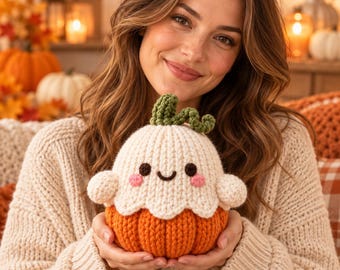 Pumpkin Ghost Knitting Pattern, Halloween Plushie, Fall Decor, Digital Download