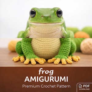 May include: A green frog amigurumi crochet pattern with yellow feet and a light yellow body. The image also features a real green frog. The text "frog AMIGURUMI Premium Crochet Pattern" is displayed.