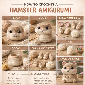 Op de afbeelding: Een stapsgewijze handleiding voor het haken van een hamster amigurumi. De afbeelding toont de verschillende onderdelen van de hamster, waaronder het hoofd, lichaam, oren, armen, poten en staart. De tekst luidt "How to Crochet a Hamster Amigurumi".