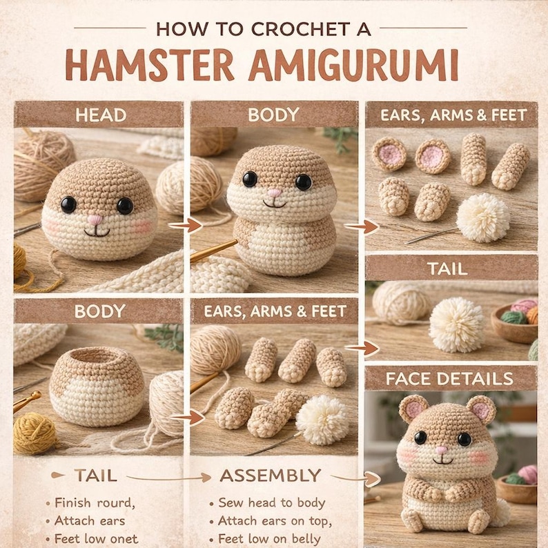Op de afbeelding: Een stapsgewijze handleiding voor het haken van een hamster amigurumi. De afbeelding toont de verschillende onderdelen van de hamster, waaronder het hoofd, lichaam, oren, armen, poten en staart. De tekst luidt "How to Crochet a Hamster Amigurumi".