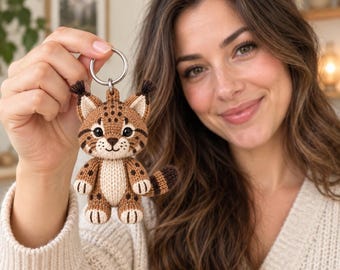 Bobcat Keychain Knitting Pattern, Mini Wildcat Plush PDF, Beginner Toy Gift