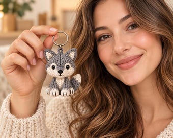 Amigurumi Wolf Keychain Knitting Pattern, Seated Wolf Bag Charm (PDF)