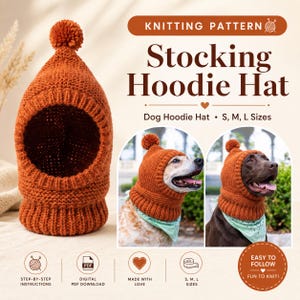Könnte beinhalten: Ein orangefarbener Strick-Strumpf-Hoodie-Hut für Hunde mit einem Bommel oben. Das Bild zeigt den Hut auf einem Hund, und der Text lautet "Dog Hoodie Hat" und "S, M, L Größen". Das Produkt ist eine Strickanleitung.