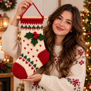 May include: A cream-colored knit Christmas stocking featuring a red and green fair isle pattern at the top and bottom, accented with a three-dimensional crocheted holly leaf and red berry embellishment, suspended from a wooden dowel.