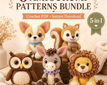 5 Amigurumi Crochet Patterns Bundle, Animal PDF Pattern Set, Chihuahua Squirrel Owl Donkey Lion