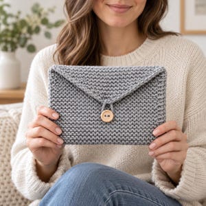 May include: A rectangular gray knitted pouch featuring a garter stitch texture and an envelope-style flap closure. The flap is secured with a single light-colored wooden button attached to a small loop centered on the front of the pouch.