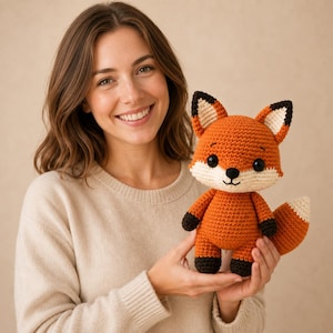 May include: A handmade crochet fox plush toy featuring a vibrant orange body, a cream-coloured muzzle and chest, black-tipped ears, and dark brown paws. The stuffed animal has large black safety eyes and a stitched nose, with a bushy tail.