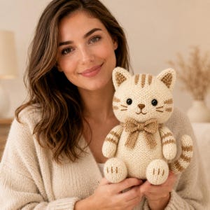Peut inclure: Une peluche chat tricotée de couleur crème avec des rayures brunes sur la tête, le dos et la queue. Le chat possède des yeux en boutons noirs, un petit nez brodé brun et un nœud papillon tricoté brun assorti autour du cou.