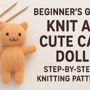 Puede incluir: Una muñeca de gato naranja tejida con nariz rosa y ojos negros, acompañada de agujas de tejer e hilo. La imagen incluye el texto "BEGINNER'S GUIDE: KNIT A CUTE CAT DOLL STEP-BY-STEP KNITTING PATTERN."