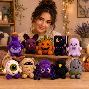 May include: A collection of ten small, handmade knitted Halloween-themed figures including a purple potion bottle, a bat, a pumpkin, a spellbook, a ghost, an eyeball, a mummy, a purple spider, a black bird, and a grey tombstone.