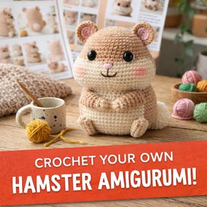 Op de afbeelding: Een gehaakte hamster amigurumi in lichtbruine en cr&egrave;mekleurige tinten, met zwarte ogen en roze wangen. De afbeelding bevat de tekst "CROCHET YOUR OWN HAMSTER AMIGURUMI!" en bollen wol.