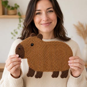 May include: A knitted capybara plush toy in shades of brown. The toy has a rounded body, small ears, and dark brown legs and snout. The capybara has a black eye and is made of a textured yarn.