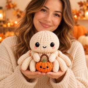 May include: A cream-colored crocheted spider plush toy with large black eyes and pink cheeks, holding a small orange crocheted pumpkin with a green stem and a smiling face. The spider has eight legs and a round body, crafted from soft yarn.