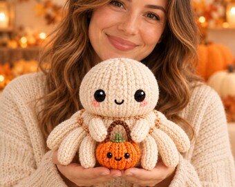 Pumpkin Pip Spider Knitting Pattern, Halloween Plush, Flat Knit Straight Needles PDF