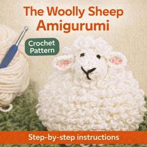 May include: A crocheted amigurumi sheep with fluffy white wool, pink inner ears, and a black embroidered face. The image includes a ball of yarn, a crochet hook, and text that reads "The Woolly Sheep Amigurumi" and "Crochet Pattern".
