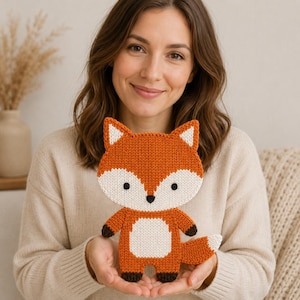 May include: A knitted fox toy in shades of orange, white, and black. The fox has a white belly, face, and ear tips, with black eyes and paws. The toy is held in front of a person.