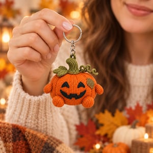Op de afbeelding: Een gehaakte pompoen-sleutelhanger met een feloranje lichaam, een donkergroene steel, blaadjes en een krullende rank. De pompoen heeft een zwart geborduurd jack-o'-lantern-gezicht en een klein groen lapje aan de zijkant, aan een zilveren ring.
