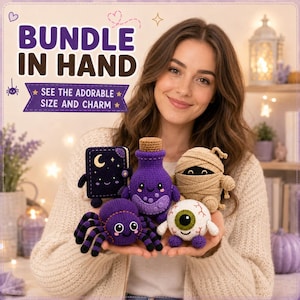 May include: A collection of five small crocheted items including a dark purple book with a moon and stars, a purple potion bottle with a cork, a tan mummy, a purple spider with black stripes, and a white eyeball with a green iris and purple feet.