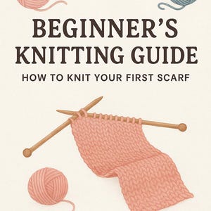 May include: A beginner's knitting guide illustration with the text "Beginner's Knitting Guide: How to Knit Your First Scarf." The image features a pink knitted scarf on wooden needles, with pink and blue yarn balls.