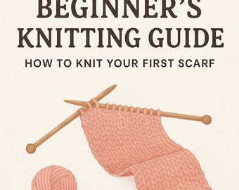 Può includere: Illustrazione di una guida per principianti del lavoro a maglia con il testo "Beginner's Knitting Guide: How to Knit Your First Scarf". L'immagine presenta una sciarpa rosa lavorata a maglia su ferri di legno, con gomitoli di lana rosa e blu.